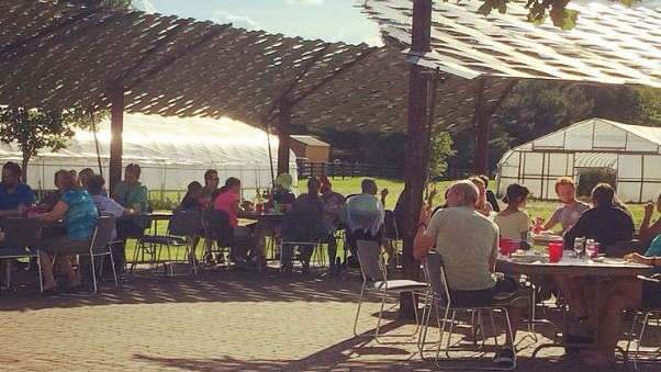 People eat at a shelter on the farm